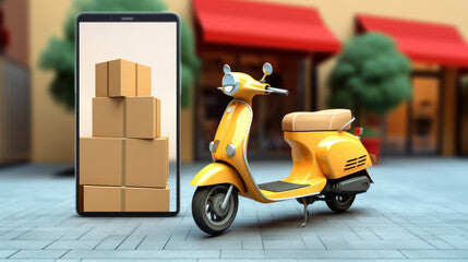 3D render. Shopping Online delivery service on a mobile by scooter.