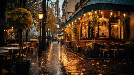 Paris's cozy restaurants and rainy street scenes, capturing the calm and romantic atmosphere of the city. Generative AI