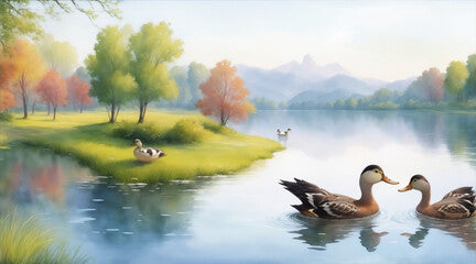 Ducks on the lake watercolor oil painting wallpaper background landscape wallpaper by Generative AI