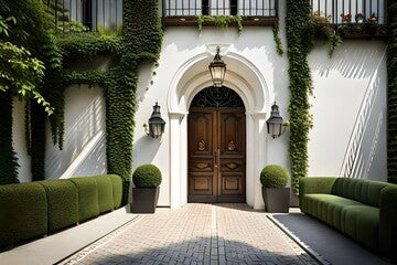 entrance to the hotel, A grand villa stands amidst a lush landscape, its white façade gleaming under the sunlight