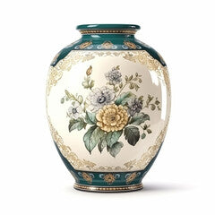 Antique vintage ceramic vase with floral print isolated on white background, country style home decor and interior design, generative ai
