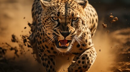 a cheetah running across a desert landscape