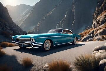 Vintage car parked on a hill top, beautiful view -Generative AI