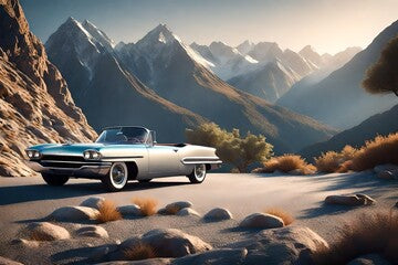 Vintage car parked on a hill top, beautiful view -Generative AI