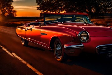 Red vintage car on road in daytime, beautiful background - Generative AI