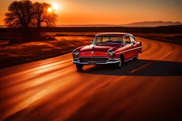Red vintage car on road in daytime, beautiful background - Generative AI