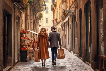 A couple walking along a narrow city street with shopping bags