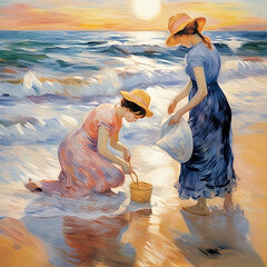 " Two girls in beach", "Vivid Light and Bold Colors Artwork," "Luminous Beach Landscape," "Expressive Seascape with Thick Brushwork," "Sun and Sea Harmony Art...