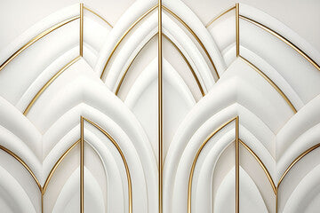 3d rendering of a white wall with gold pattern and golden frame. Luxury  background for your design.