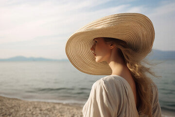 Aesthetic fashion blog concept, young woman with long hair in straw hat while enjoying beach