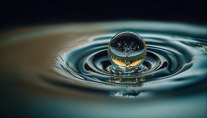 a water drop in a blue, orange hue water, making ripples and waves, light black and gold