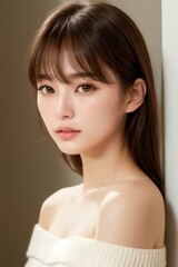 A beautiful young Japanese women with wispy bangs, innocent eyes, knit white sweater falling off shoulder.