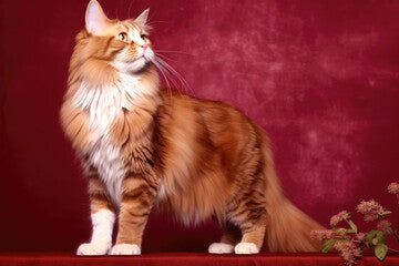 "A detailed portrait of a Maine Coon cat with a thick rufous coat and tufted ears against a solid burgundy background."