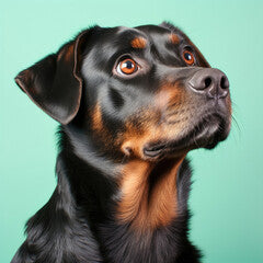 "A fearful Rottweiler captured in a studio against a gentle aqua pastel background, displaying wide eyes and an expression of apprehension and uncertainty."