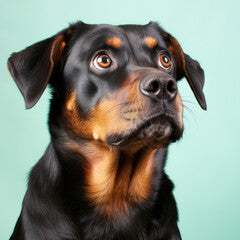 "A fearful Rottweiler captured in a studio against a gentle aqua pastel background, displaying wide eyes and an expression of apprehension and uncertainty."