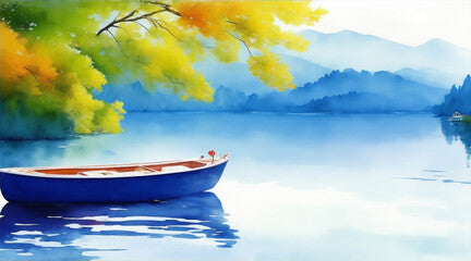Boat on the lake watercolor oil painting wallpaper background by Generative AI