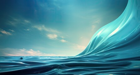 3D illustration of blue ocean wave with reflection on water surface over sky background.