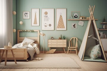 3D render of a mockup frame in a children's bedroom with wooden furniture, featuring interior design influenced by Scandinavian and boho styles. High-quality illustration. Generative AI