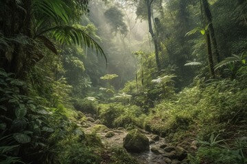 A lush, dense jungle in Asia with abundant rainfall and a diverse array of flora and fauna. Generative AI