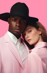 a black man and white woman with hat is posing, in the style of light pink