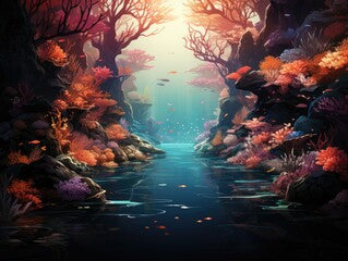 Illustration of a serene river landscape with lush surrounding trees. Generative AI