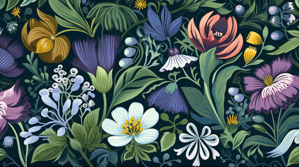 Repeating whimsical patterns of various flowers and foliage strong central focal point. In the style of Art Nouveau composition pattern