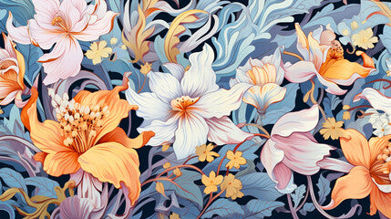 Repeating whimsical patterns of various flowers and foliage strong central focal point. In the style of Art Nouveau composition pattern