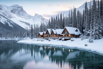 lodge near emerald lake in winter. High quality illustration