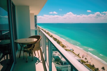 A balcony view of Miami Beach and the ocean, with a distant blue sky and turquoise water.