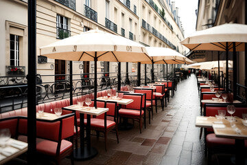 Paris's cozy restaurants and rainy street scenes, capturing the calm and romantic atmosphere of the city. Outside view