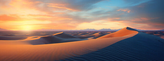Beautiful Natural Landscape of Sand Dunes in the Derest during sunset with clouds. Generative AI.