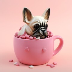 A french bulldog dog is inside a heart shaped mug with candy hearts on a pink background