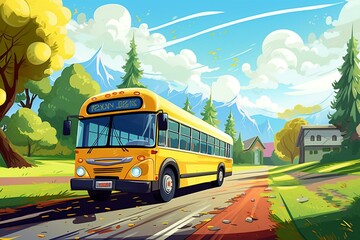 Modern illustration of a colorful cartoon school bus on a suburban road. Great for design purposes. Generative AI