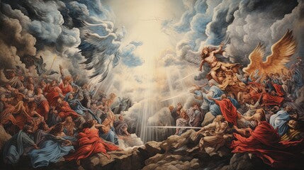 Oil drawing of souls waiting for divine judgment at the gate of heaven. Baroque art