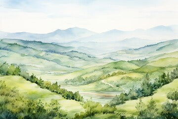 Watercolor countryside scene. trees, fields, and blue sky. Serene rural nature illustration.