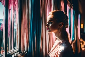 a charming woman in a Barbie dress in a room looking out of window - Generative AI