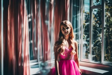 a charming woman in a Barbie dress in a room looking out of window - Generative AI