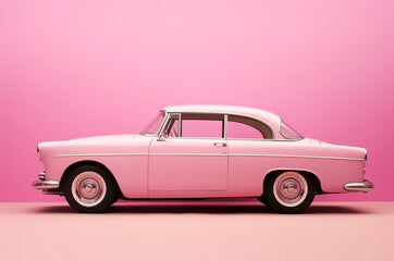 Barbiecore car. Pink retro car. Transport. Doll car. vacation car
