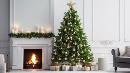 A big beautiful green Christmas tree with shiny balls and New Year's gifts in holiday boxes on the background of a light wall with a fireplace