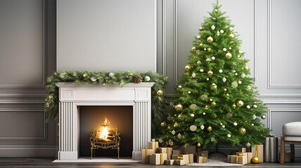 A big beautiful green Christmas tree with shiny balls and New Year's gifts in holiday boxes on the background of a light wall with a fireplace