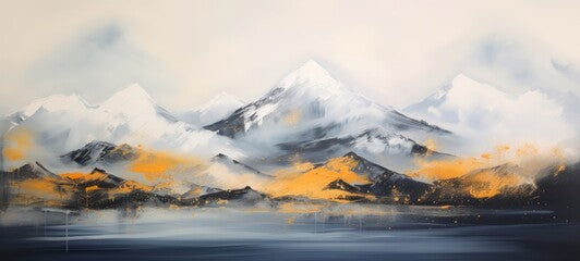 Modern abstract art acrylic oil painting of mountains landscape, mountain peak, with gold details and reflection of water from a lake (Generative Ai)