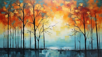 Colorful landscape palette knife painting, a Beautiful painting of nature with acrylic canvas