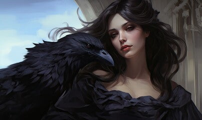 A captivating scene with a black-clad anime woman and a raven.