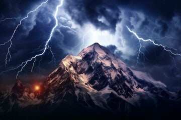 An awe-inspiring sci-fi mountain lightning strike against the backdrop of the Milky Way galaxy. Generative AI