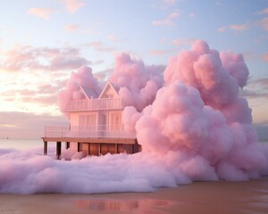 The luxurious minimalistic design of the interior of the house seamlessly blends with the pink clouds of smoke in the sky, creating a dreamy outdoor escape by the beach
