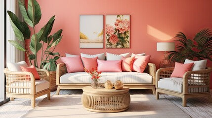 A a trendy living room with a chic sofa and coral decoration on a rattan table.