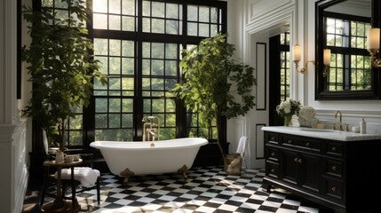 A a classical bathroom with checker floor tile and white wall tile with a brick pattern, adorned with a black wood cabinet. The rooms feature large open windows that provide a view of the terrace and