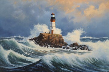 An acrylic oil painting of a lighthouse and ocean waves. Generative AI