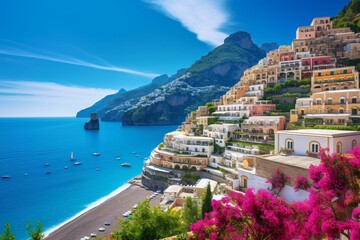 Stunning view of Positano at Amalfi Coast in Italy surrounded by the sea and mountains. Generative AI