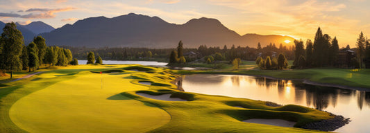 a golf course at sunset with mountains and a lake. Generative Ai